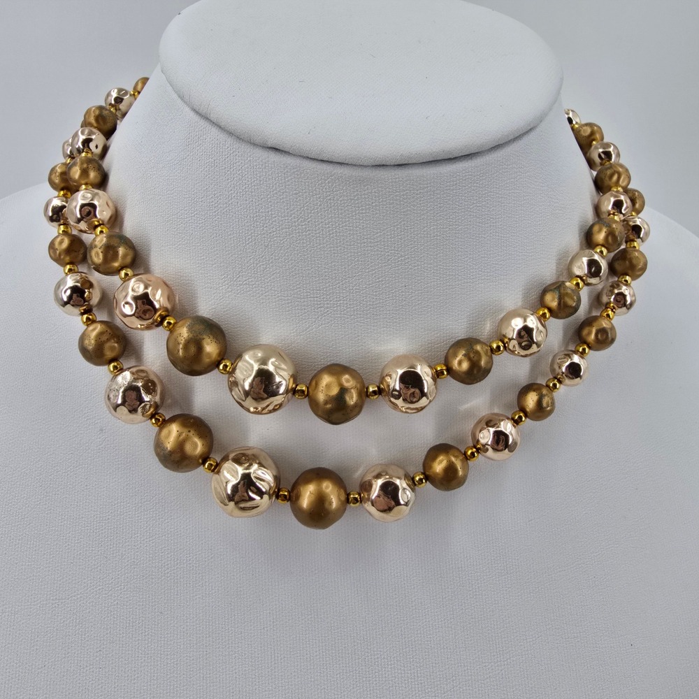 Vintage Japan Double Strand Hammered Gold Tone Graduated Bead Necklace